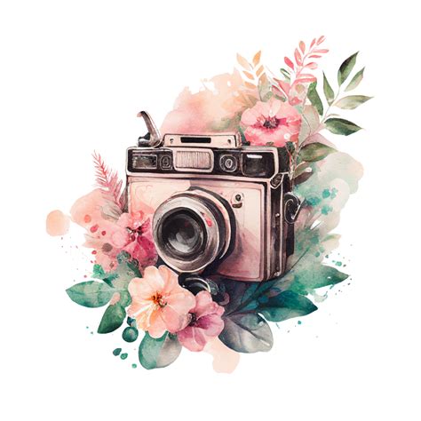 Watercolor Retro Cameras Flowers Clipart Ai Generative 24178106 Png