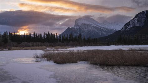 Mount Rundle Sunrise With Lake Ice Vermillion Lakes Banff National