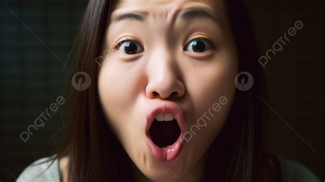 Young Asian Woman With Her Mouth Open Background A Woman Looking Up Diagonally And Sticking Out