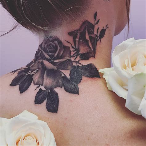 Rose Neck Tattoo Black And Grey By Malikarose Rose Neck Tattoo Neck