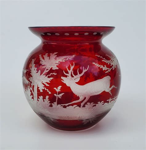 Egermann Crystal Ruby Red Scenic Etched Bohemian Czech Round Art Glass Vase Scenic Countryside