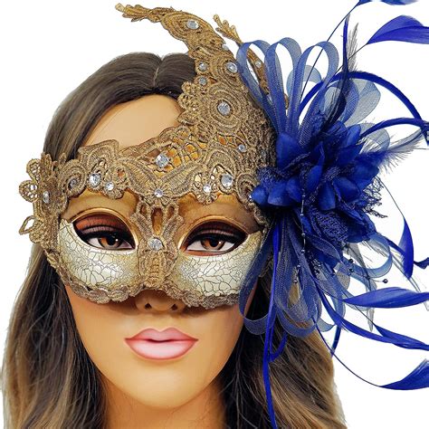 Amazon Com Masquerade Mask For Women Elegant Feather Venetian Mask Blue And Gold Party Mask For