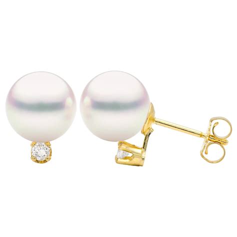 14k Yellow Gold 9mm Cultured Pearl Diamond Halo Stud Earrings For Sale