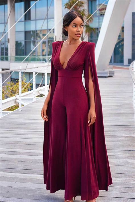 Berry Plunge Front Cape Jumpsuit In 2021 Jumpsuit Prom Dress Formal