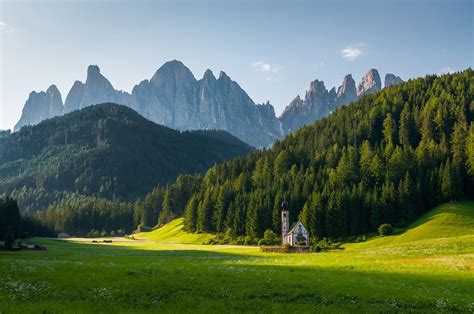 Alps Dolomite Alps Alps Mountains Forest Trees Church Meadow Grass