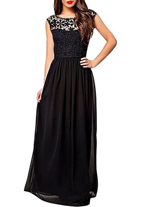 Black Patchwork Lace Hollow Out Backless Round Neck Fashion Maxi Dress