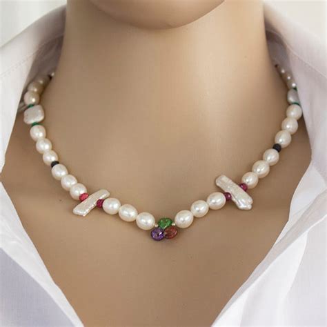 Baroque Pearl Ruby Necklace White Pearl Biwa Pearls Green Emerald