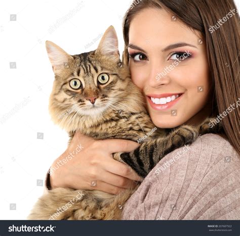 Beautiful Young Woman Holding Cat Isolated Stock Photo 207687922