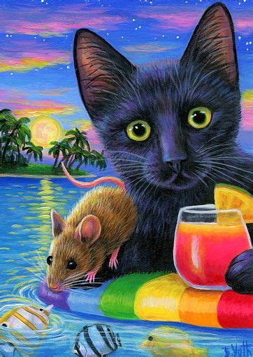 Aceo Original Cat Mouse Fish Tropical Vacation Ocean Moon Painting Art