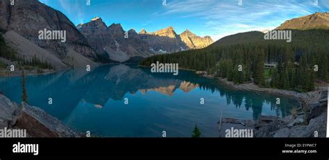 Panorama Of Moraine Lake At Sunrise Banff National Park Alberta Canada