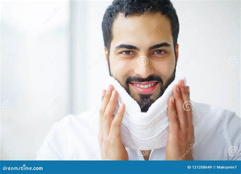 Face Washing Happy Man Drying Skin With Towel Stock Image Image Of