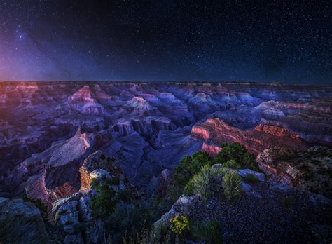 Aerial View Of Mountains Arizona Grand Canyon Starry Night Long
