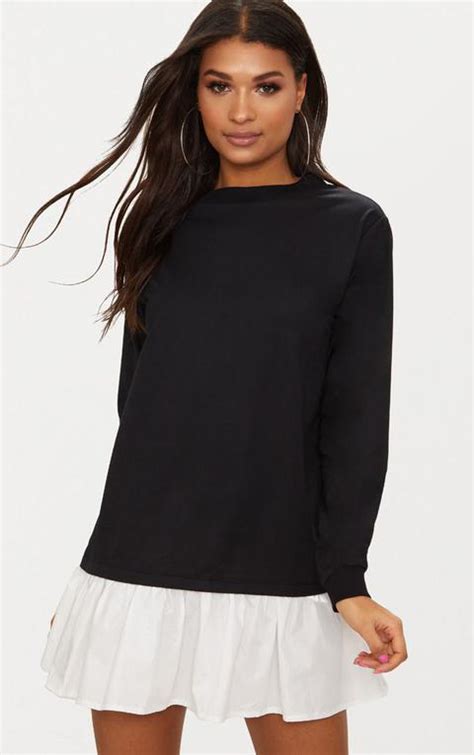 Black Sweatshirt Dress With Poplin Frill From Prettylittlething On 21