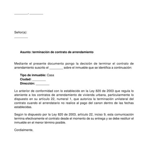 Carta De Terminación De Contrato De Arrendamiento