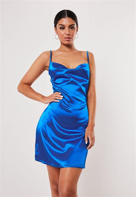 Blue Satin Strappy Cowl Neck Shift Dress Missguided