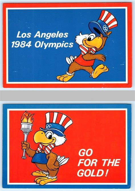 2 Postcards Sam The Eagle Patriotic Mascot 1984 Los Angeles Olympics