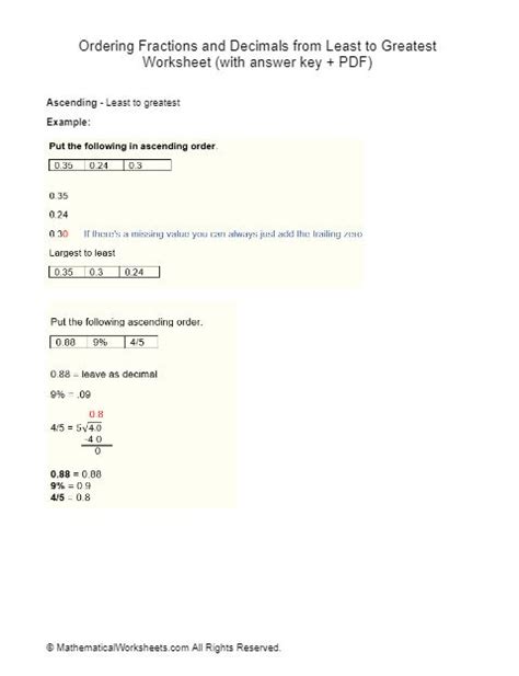 Ordering Fractions And Decimals From Least To Greatest Worksheet With