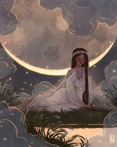A Woman Sitting On Top Of A Lush Green Field Under A Full Moon Filled Sky