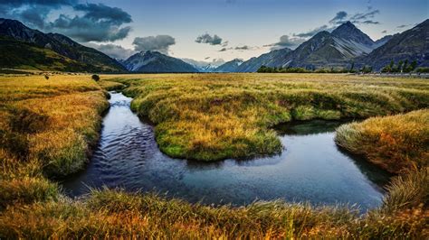 Neuseeland Natur Landschaft Fluss Berge Wiesen 2560x1600 Hd