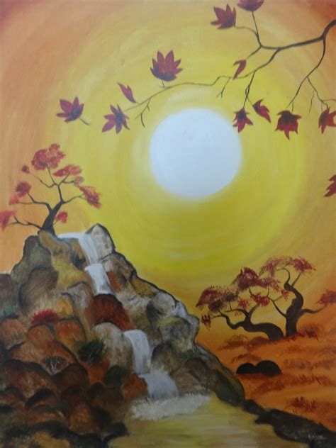 Buy Sunset Waterfall Oil Painting Handmade Painting By Triveni Thorve