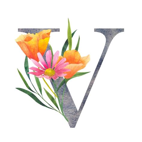 Premium Photo Letter V With Watercolor Wildflowers Floral Alphabet