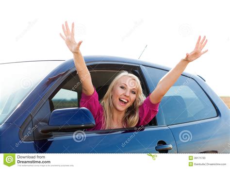 Happy Blonde Girl Driver In Car Window Stock Image Image Of