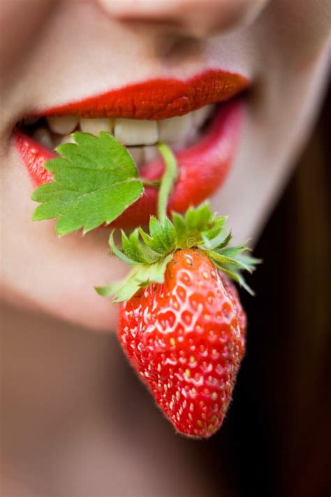 Woman S Mouth With Red Strawberry Stock Image Image Of Beauty