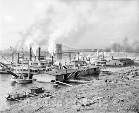 Historic Black And White Photo Cincinnati Ohio Steamboat Traffic On