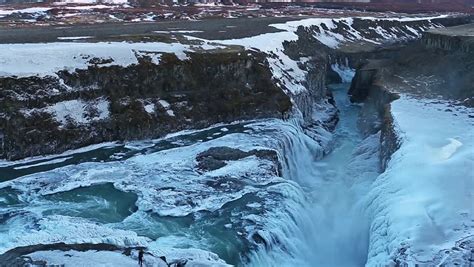 Frozen Gullfoss Waterfall In Winter Iceland Stock Footage Video