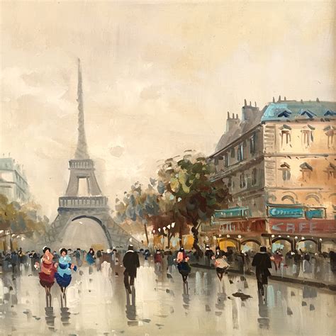 Large Vintage French Oil Painting Paris Street Scene Mid Century Oil On