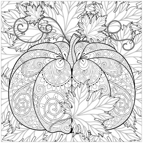 My happy halloween printable coloring pages help you have a friendly all hallows eve. Decorated Pumpkin with Autumn leaves - Halloween Adult ...