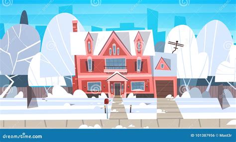 Village Winter Landscape House Building With Snow On Top City Or Town