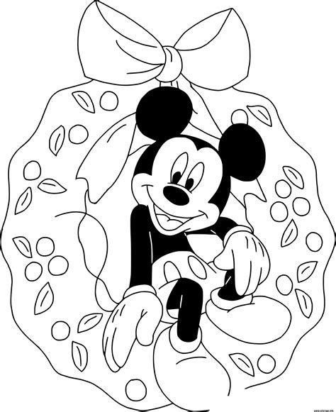 Coloriage Mickey Sitting In Wreath Dessin Noel Disney à Imprimer