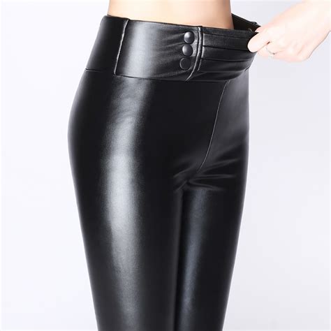 2016 thicken winter pu leather women pants high waist elastic fleece stretch slim woman pencil