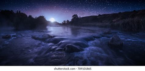 Beautiful Starry Night Above River Light Stock Photo Edit Now 709101865