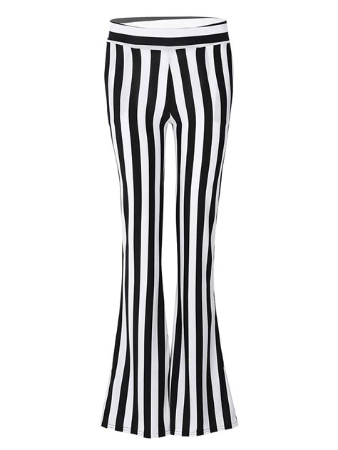 iEFiEL Women High Waist Black&White Vertical Striped Bell Bottom Flare
