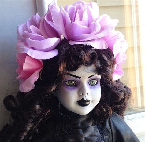 Bastet2329 Ooak Creepy Mourning Doll Brown Hair Purple Pink Flowers
