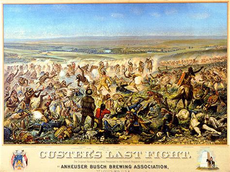The colored print depicts the battle between general custer's troops and indian warriors at little big horn. To The Manner Born: custer's last stand June 25,1876