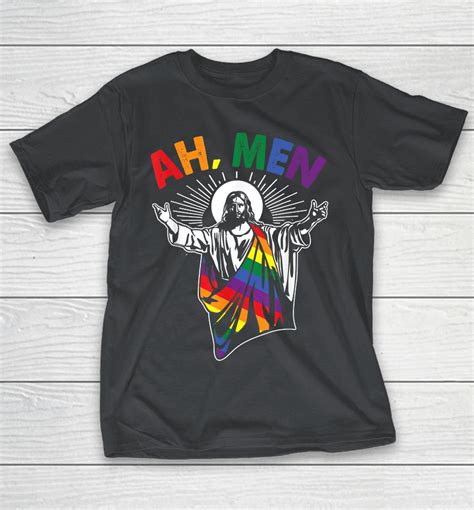 Ah Men Funny Lgbt Gay Pride Jesus Rainbow Flag Christian Shirts Woopytee