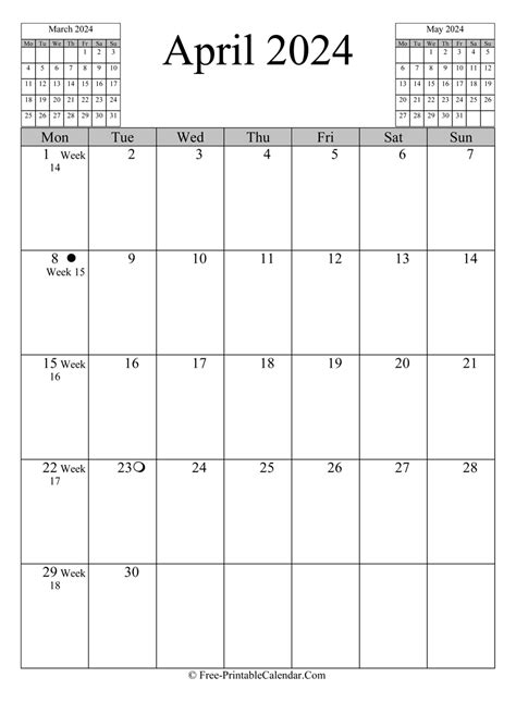 April 2024 Calendar Vertical Layout