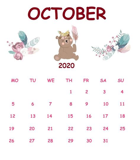 A Calendar For October With A Teddy Bear And Flowers On The Front In Red