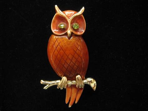 Vintage Enamel Owl Pin Rhinestones On Branch