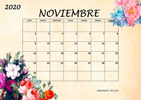Plantilla Noviembre 2020 Bonito Con Flores Noviembre Calendario