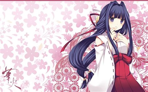 Flowers Long Hair Ribbons Miko Bows Anime Bells Purple Eyes Japanese