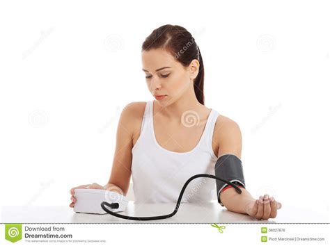 Beautiful Young Woman Taking Blood Pressure Test Stock Photo Image