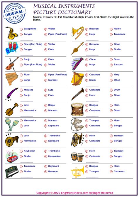 Musical Instruments Printable English Esl Vocabulary Worksheets 1