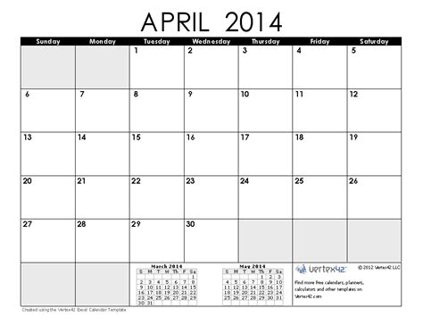 April 2014 Calendar Printable Printable Calendar 2014 Blank Calendar