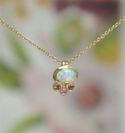 Tiny Solid Gold Necklace With Opal And Sapphire A Small Etsy
