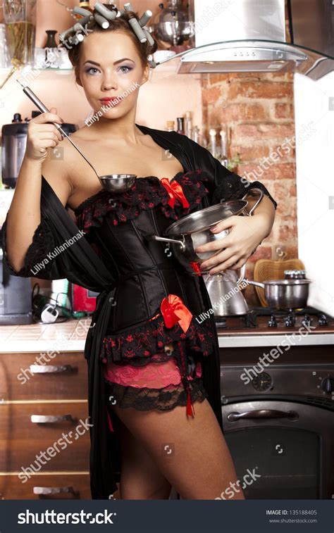 Portrait Sexy Housewife Tasting Dish Kitchen Stock Photo Shutterstock