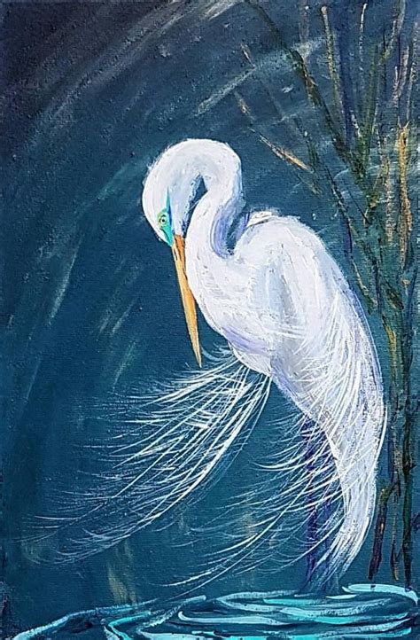 Great Egret Original Acrylic Painting On Canvas White Bird Art Etsy